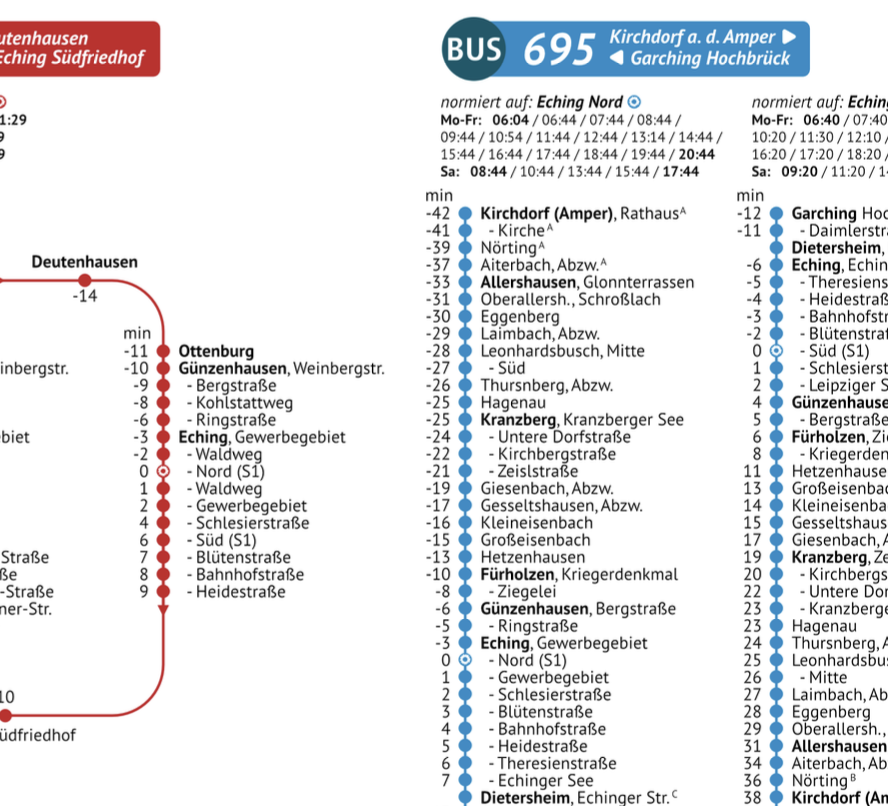 Ausschnitt aus dem neuen Taschenfahrplan für Eching mit sichtbaren Abfahrtszeiten.